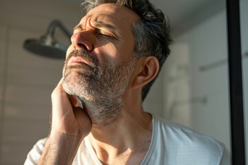 Ingrown hair problem. Unshaved middle-aged man touching neck, looking at mirror in bathroom, making morning beauty routine, Generative AI