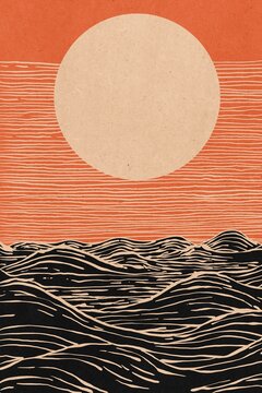 Abstract landscape painting depicting waves crashing under sun