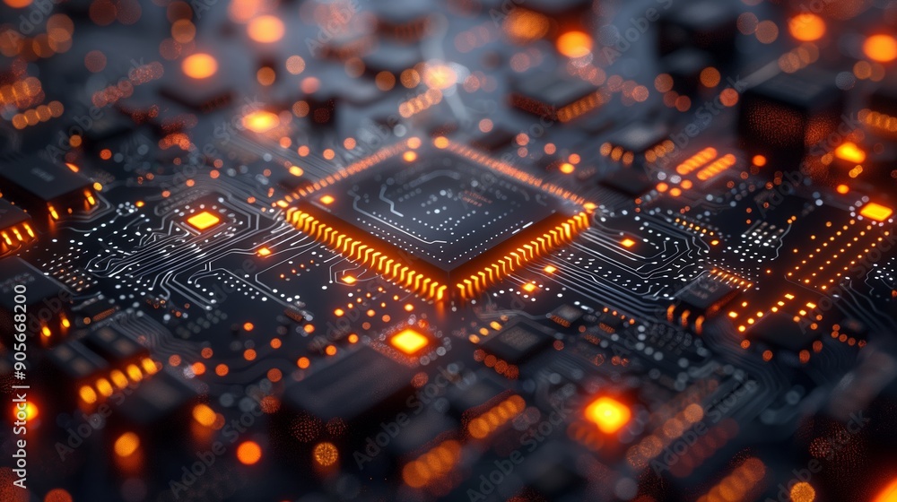 Poster intricate microchip circuit board glowing with orange lights in a dark working environment