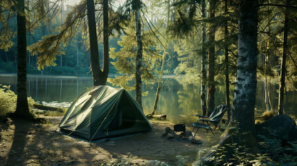 Serene Camping Experience: Green Tent Set in a Forest by a Tranquil Lake"
"Explore Nature: Green Camping Tent in a Forest Near a Beautiful Lake