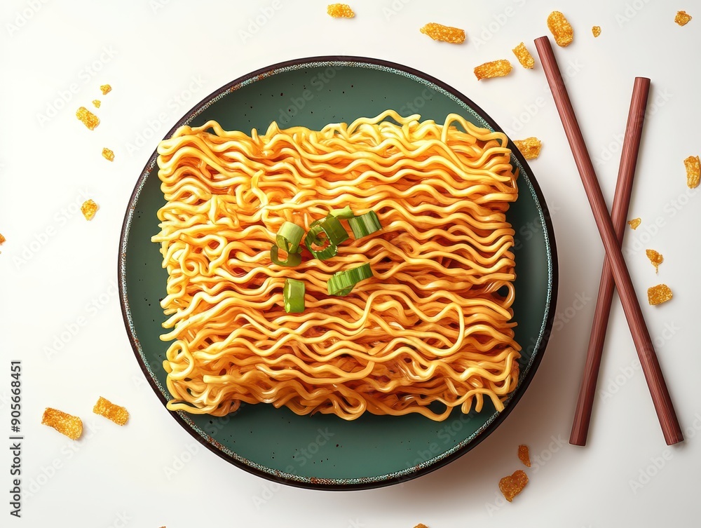 Poster A plate of noodles with green onions on top