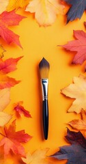 Paintbrush surrounded by colorful autumn leaves on orange background