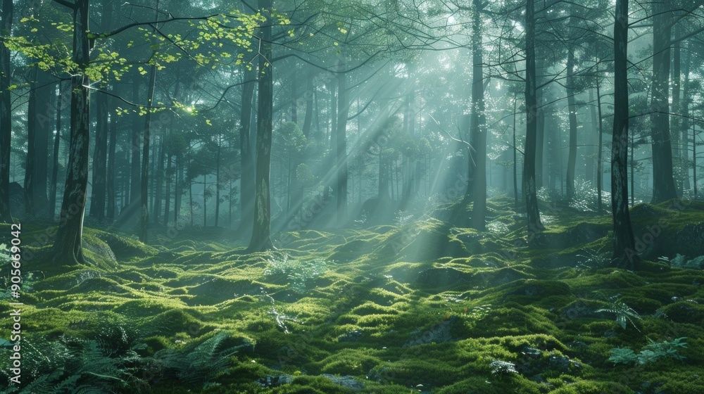 Poster serene morning in a moss-covered forest, vibrant green moss, natural background