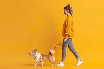 Happy woman walking with her pembroke welsh corgi dog on leash, mockup place for advertisement, isolated on yellow studio background, full body length, copy, Generative AI