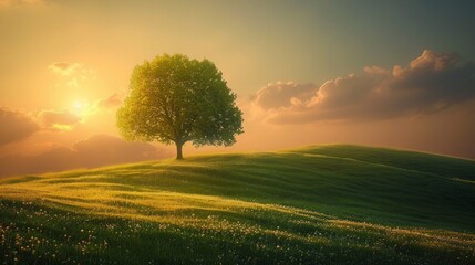 Lonely luxury tree growing on hill
