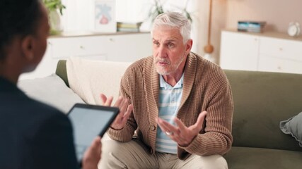 Senior man, depression and talking to therapist for mental health, consultation and help in office. Patient, discussion and psychologist with tablet for counseling notes, trauma support and advice