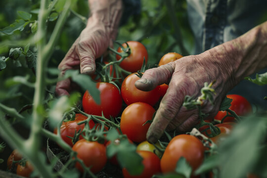 Elderly hands harvesting fresh tomatoes in a garden. Generative AI image