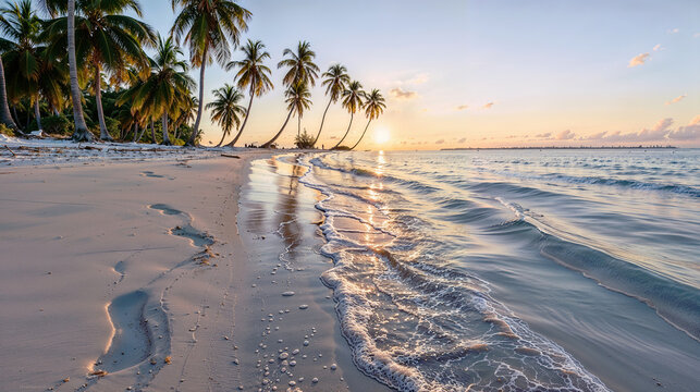 Tranquil beach sunset with palm trees and serene waves. Generative AI image