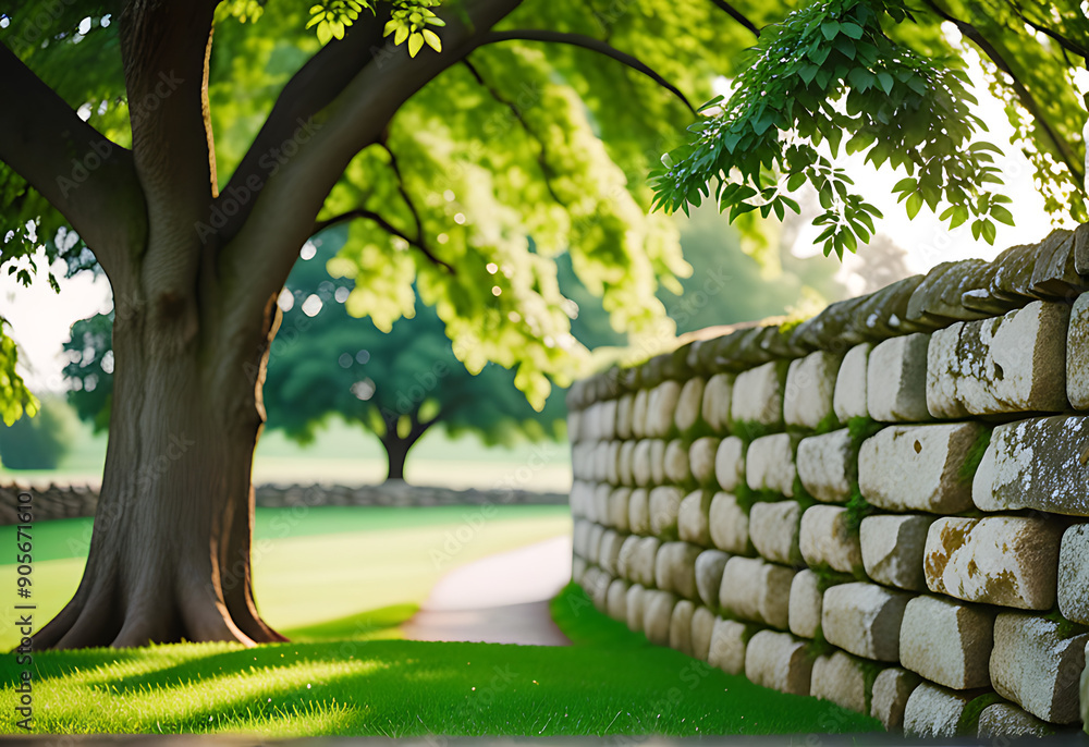 Wall mural lush park landscape featuring tree green grass stone wall