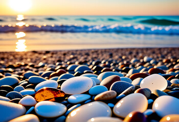 Obraz premium natural pebbles beach foamy sea clear sky