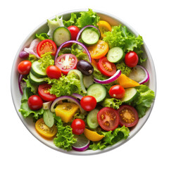 Fresh Vegetable Salad In Bowl with a variety of colorful vegetables including tomatoes, cucumbers, and lettuce. Isolated on transparent background, png.