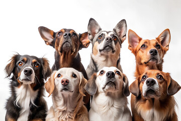 Group of Dogs of Different Breeds Looking Up While Waiting for Food, Group Portrait, pets, isolated, white background