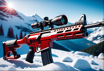 red futuristic rifle snowy mountain scene video game