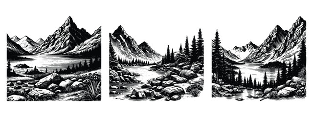 Wild natural landscape with mountains, lake, rocks. Black and white hand drawn vector illustration