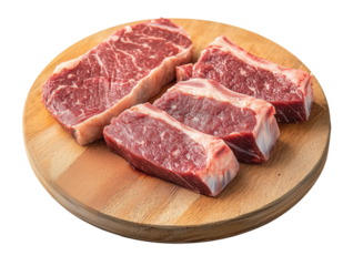 Carne crua bovina, fatiada sobre uma tábua de corte e isolado em um fundo transparente.