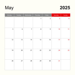 Wall calendar template for May 2025. Holiday and event planner, week starts on Monday.