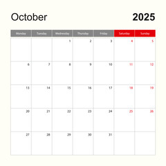 Wall calendar template for October 2025. Holiday and event planner, week starts on Monday.
