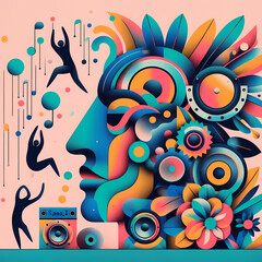 Naklejka premium vector, pattern, design, illustration, circle, color, art, decoration, flower, wallpaper, colorful, texture, seamless, music, shape, rainbow, floral, decor, retro, pink, circles, cartoon, summer, leaf
