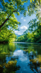 Tranquil River Amidst Lush Forests Reflecting Sky: A Serene Natural Landscape of Pure Wilderness
