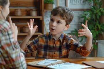 A smart boy counts on his fingers, studies with a private teacher in the office, a child learns numbers and how to count, sits at a table with a tutor, Generative AI