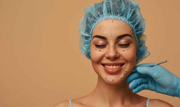 Happy young woman preparing for cosmetic surgery on beige background while doctor drawing markings on lady face, closeup, free space, Generative AI