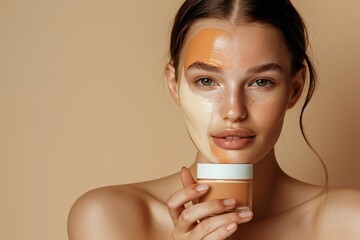 Cosmetology, skin care, face treatment concept. Young European woman with facial mask on half of face, holding jar, posing over beige background, Generative AI