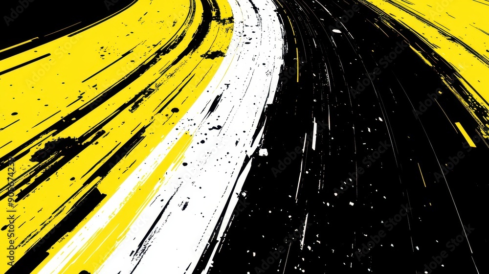 Canvas Prints a yellow and white road with black paint splatters