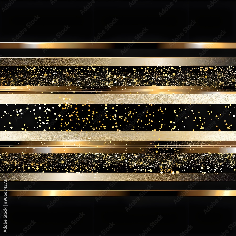 Poster multiple horizontal golden stripes against a dark background with sparkling effects.
