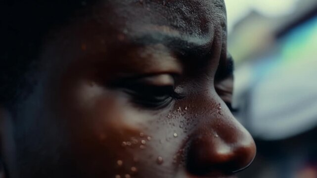 A closeup of a persons face gender and age indistinguishable with a worried expression and sweat glistening on their forehead. The background is a crowded market adding to the