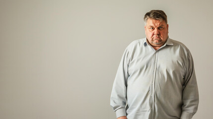 Fototapeta premium A large man in a pink shirt with folded arms, expressing sadness against a pink background