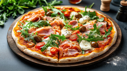 Gourmet pizza with prosciutto, arugula, mozzarella, cherry tomatoes, and green olives on a wooden serving board.