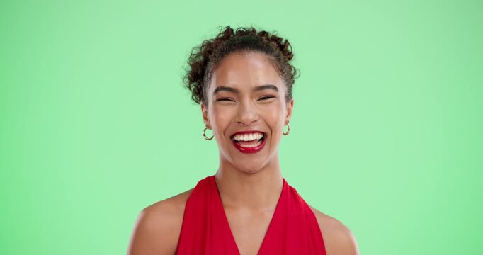 Face, happy and woman with wink on green screen for valentines day, flirt gesture and love connection. Smile, female person and care emoji for date inspiration with romance on studio background