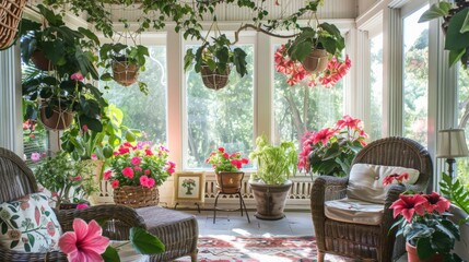 Naklejka premium A serene sunroom decorated with vibrant flowers and lush greenery, offering a peaceful retreat with cozy wicker furniture and large windows inviting natural light.