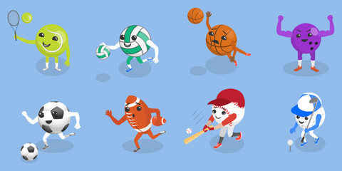 3D Isometric Flat Vector Set of Cartoon Sport Ball Mascot, Funny Cartoon Characters