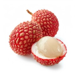 Medium shot of whole Lychee near the sliced piece of Lychee, isolated on a white background 