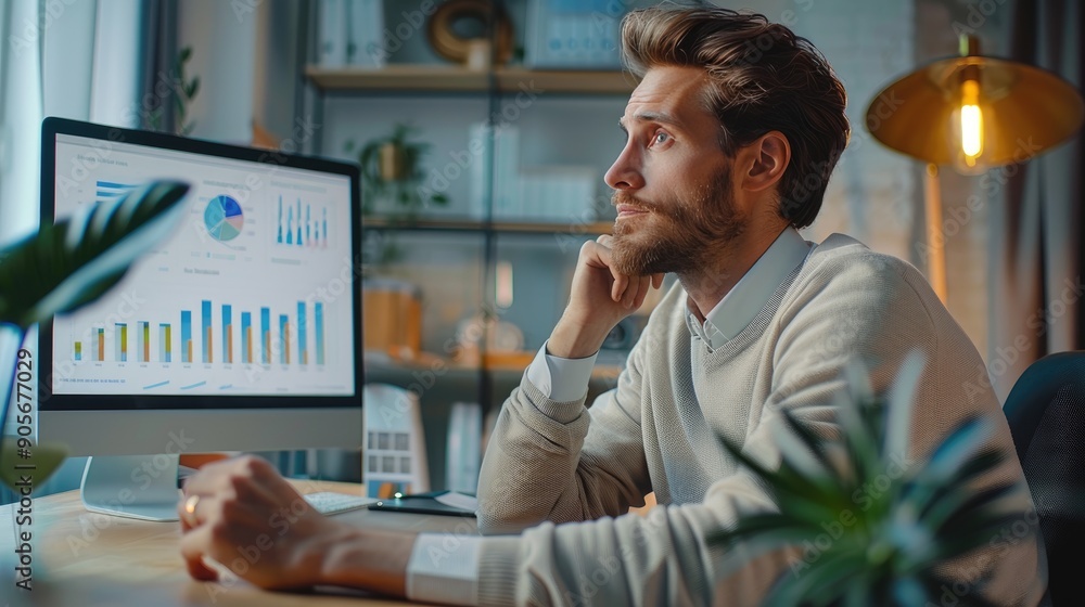 Aufkleber business professional analyzing financial graphs on computer screen in a modern office setting, disp