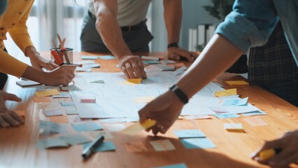 Close up of developer team using mind map to brainstorm idea. Top view of skilled group of business...