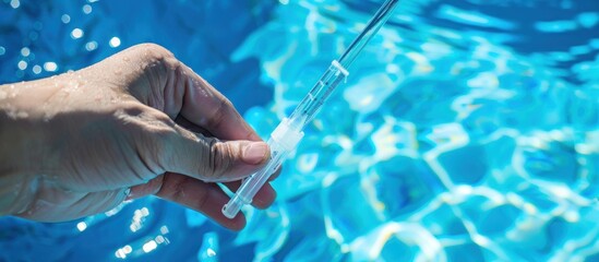 Hand Holding a Pool Test Kit in Blue Water