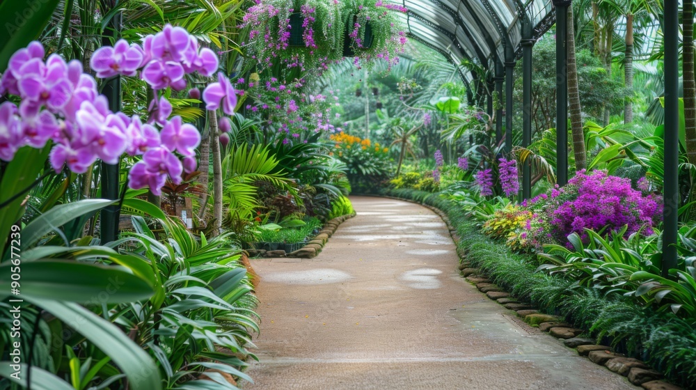 Poster a peaceful pathway winds through a tropical garden filled with vibrant orchids and lush greenery, cr