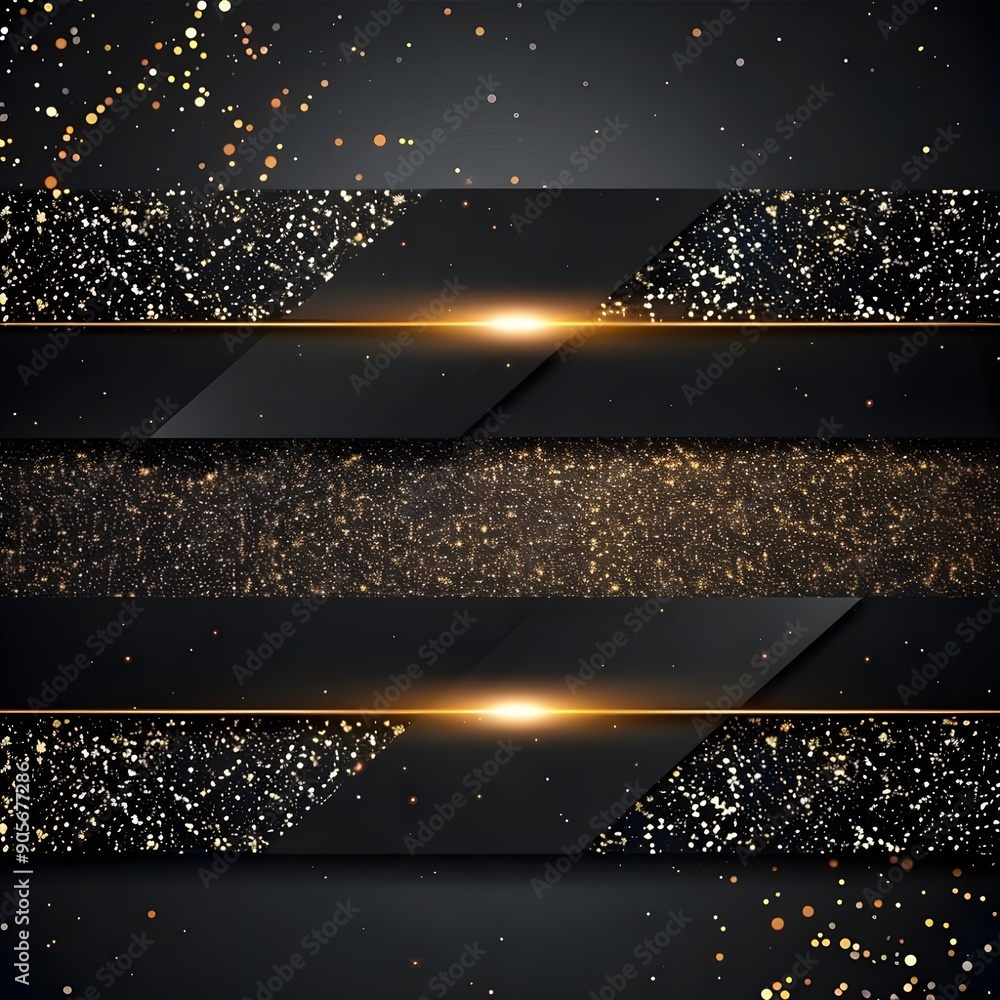 Poster abstract pattern with scattered gold particles on a black backdrop.