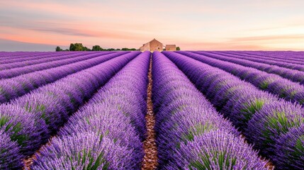 Fototapeta premium A picturesque lavender field with rows of blooming lavender, a clear sky, and a distant farmhouse, ultra HD