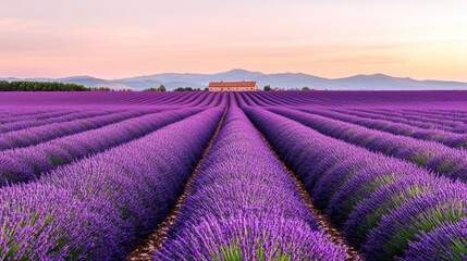 A picturesque lavender field with rows of blooming lavender, a clear sky, and a distant farmhouse, ultra HD