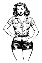 Fototapeta premium Black and white illustration. Fictional female character in the Pin Up style. Generated by Ai