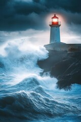 Obraz premium Majestic Lighthouse in Stormy Seas - A powerful lighthouse stands tall amidst crashing waves and dark skies, guiding sailors through the stormy ocean with its bright beacon.