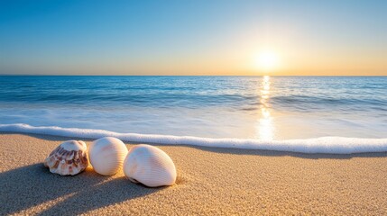 Obraz premium A serene beach scene featuring shells on the sand with gentle waves and a stunning sunset illuminating the horizon.