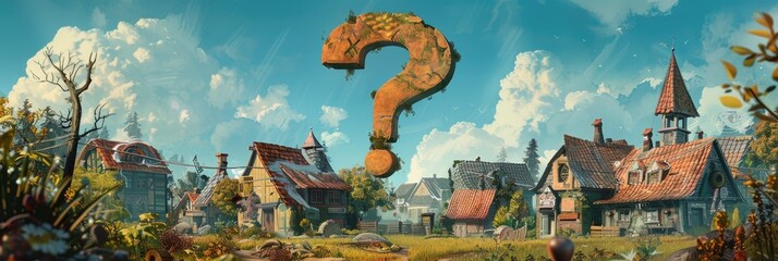 A giant question mark looms over a quaint village piquing the curiosity and fascination of its inhabitants as they yearn for explanations