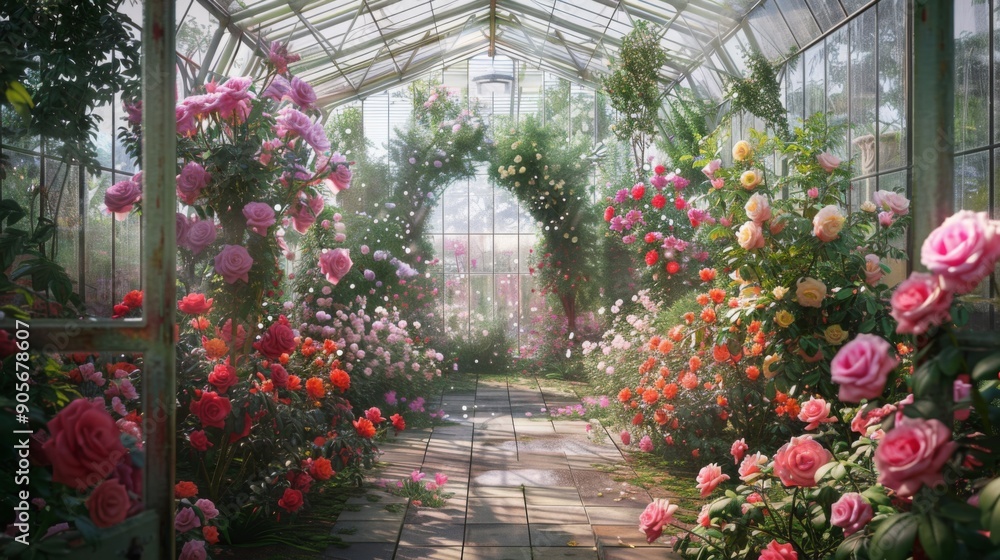 Poster a lush pathway lined with colorful roses in full bloom inside a sunlit greenhouse, creating a tranqu
