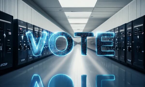 Digital "VOTE" Sign in a Server Room Emphasizing Online Voting and Data Security
