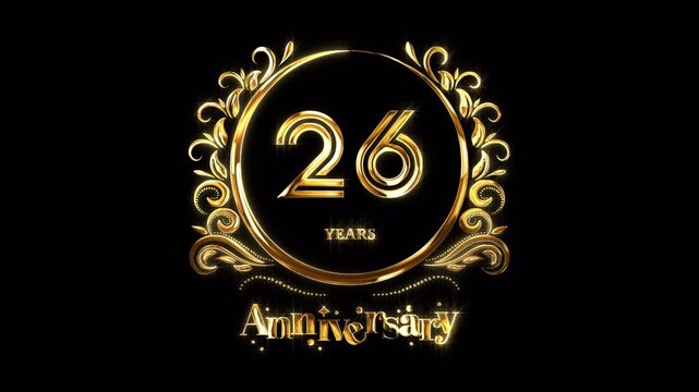 26th Anniversary Celebration. Happy 26 Years Anniversary Animation in Gold Color on the Transparent Background, Alpha Channel. Great for greetings, celebrations, events, and gifts.