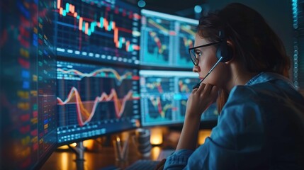 Businesswoman working on financial data analysis with multi-monitor setup, focusing on stock market trends and graph analysis.